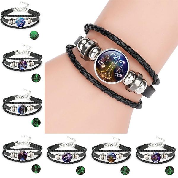 

glow in the dark 12 constellations bracelet horoscope sign charm multilayer wrap leather bracelets women fashion luminous jewelry, Golden;silver