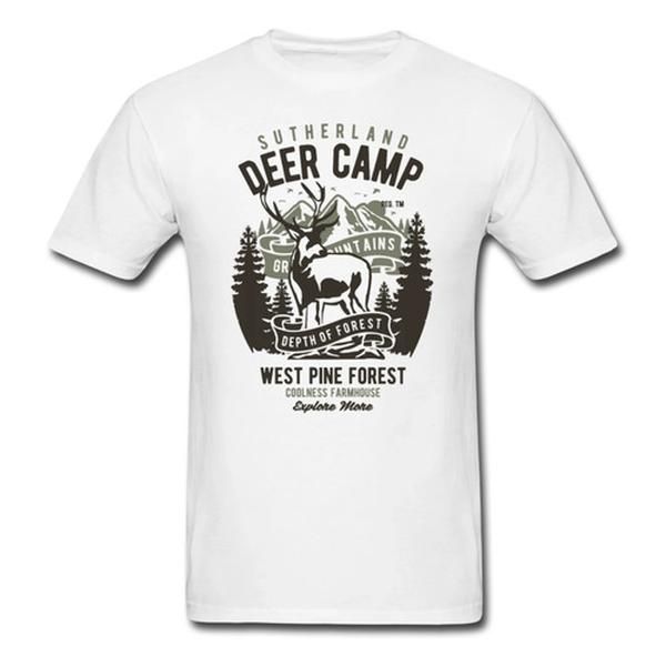 

sutherland deer hunter camp-west pine forrest men's t-shirt, White;black