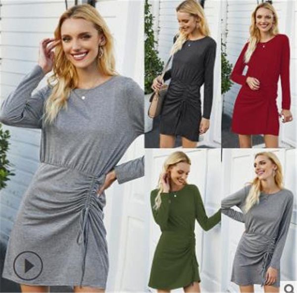 

pencil dress casual female clothing autumn womens designer a line dress solid color crew neck drawstring pleated, Black;gray