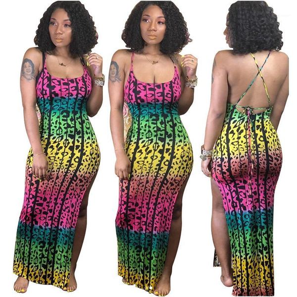

bodycon dresses summer spaghetti strap split up long dress colorful leopard dressing women, Black;gray