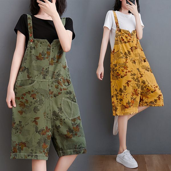

#1532 summer vintage floral print denim overalls women sleeveless loose retro wide leg short jumpsuit for women spaghetti strap, Black;white