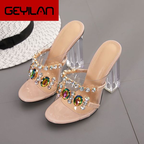 

summer fashion crystal diamond slides clear pvc transparent slippers women shoes peep toe high heels mules dress pumps, Black