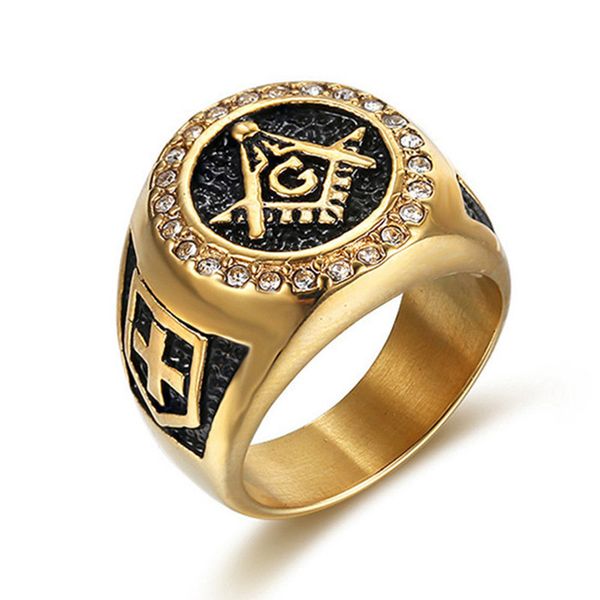 

never fade ag stainless steel ring men vintage gold male hiphop rock man rings retro mason asonry masonic punk jewelry, Golden;silver