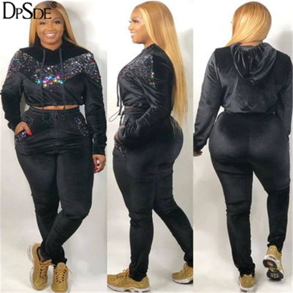 

dpsde black sequined streetwear two pieces women set autumn big yard full sleeve casual crop new 2020 bodycon long pants