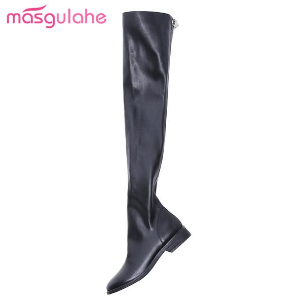 

masgulahe novelty woman genuine leather boots round toe over the knee boots low thick heels autumn delicate womens shoes, Black