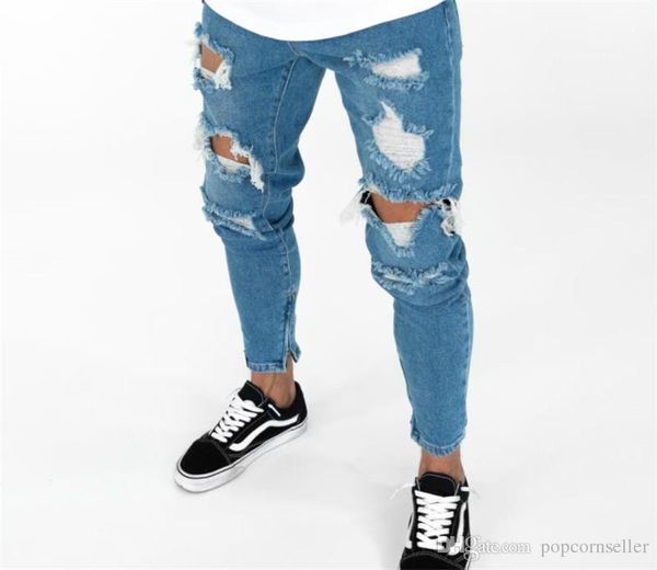

mid waist zipper trouser legs skinny pants casual mens clothing mens ripped pencil jeans fashion designer, Blue