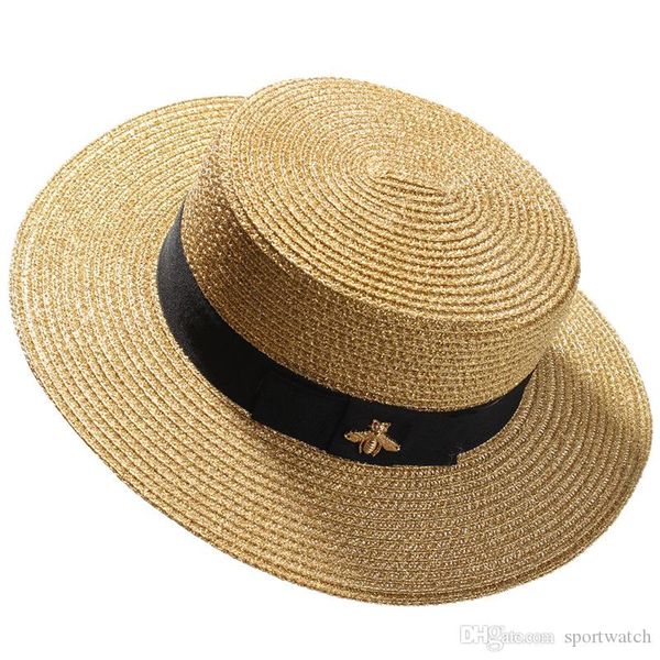 

woven wide-brimmed hat gold metal bee fashion wide straw cap parent-child flat-visor woven straw hat, Blue;gray