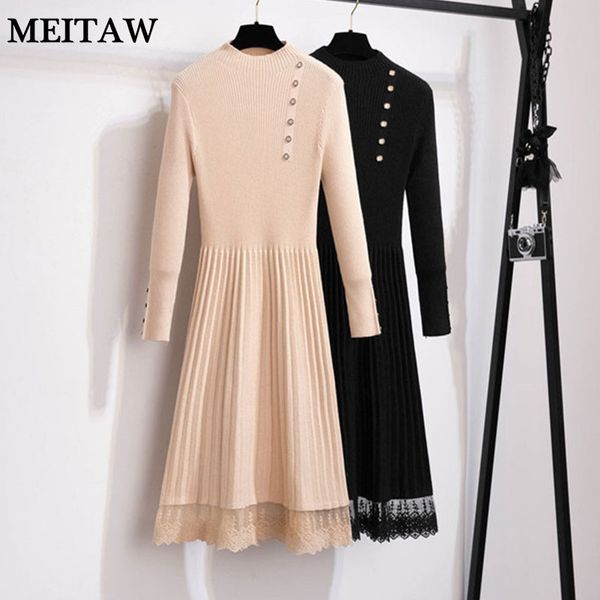 

women high elasticity sweater dress autumn winter lace knit dress 2020 lady button slim a line korean dresses plus size, Black;gray