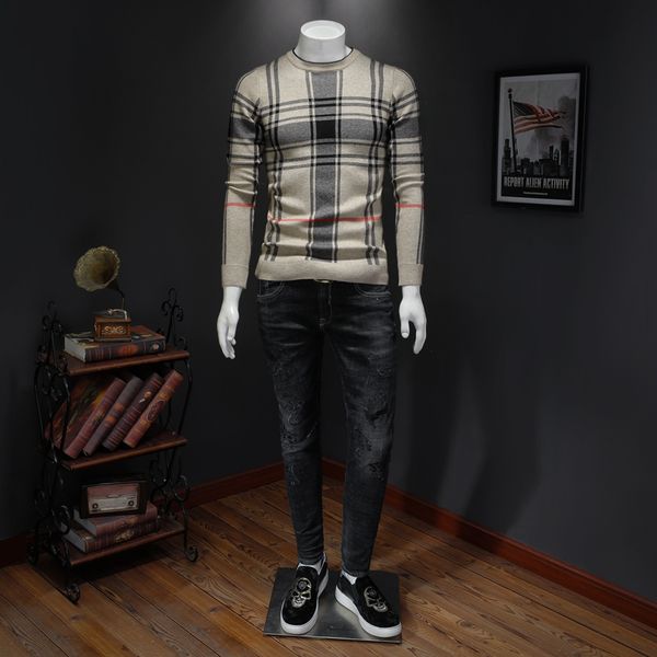 

men's autumn and winter solid color round neck thick woolen sweater pullover sweater fashion striped sweater bottoming shirt, White;black