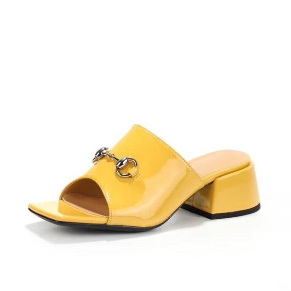 

new beach slippers summer women shoes coarser heel flops 100% patent leather lady half slipper metal high heeled sandals 35-41, Black