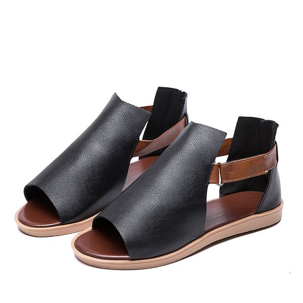

shoes woman sandals flat 2020 new summer pu leather sandals women shoes fashion casual flip flops round toe rome women, Black