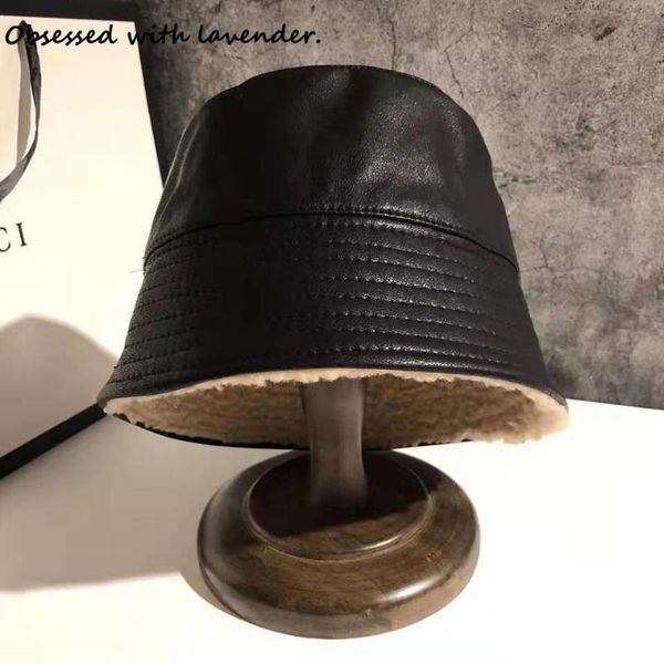 

stingy brim hats hat women fall/winter fisherman's cap pu leather small basin lid plus velvet padded lamp shade japanese, Blue;gray