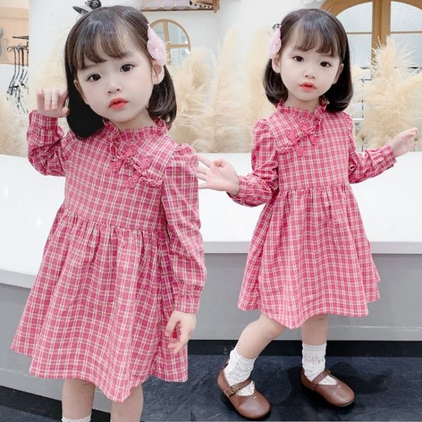 

kids designer clothes girls2020 spring and autumn new girls' plaid buckle dress hanfu long-sleeved dress children's clothing, Red;yellow