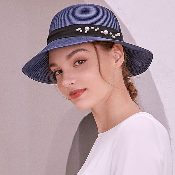 

sedancasesa 2020 new summer wide brim beach women sun straw hat elegant cap for women uv protection pearl straw hats girls, Blue;gray