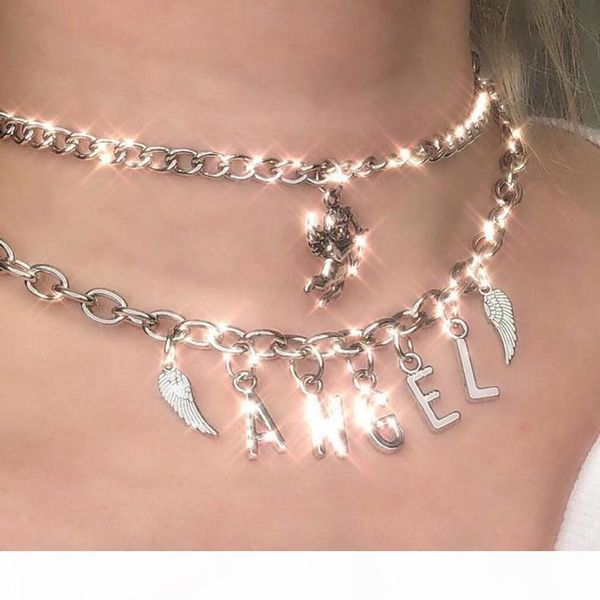 

эксклюзивный harajuku itgirl нержавеющей стали ангел письмо колье бисера colar женщина мило punk стиль ожерелье collares mujer t200113, Silver