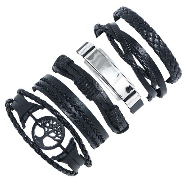 

aidever 6pc/set casual fashion men black multilayer pu leather bracelet punk style handmade braid bracelets cowhide alloy bangle