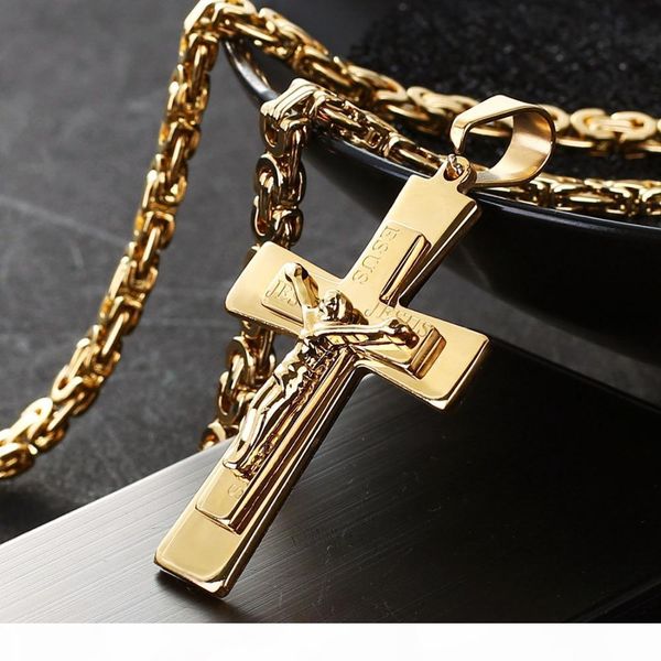 

jesus engraved catholic pendant necklace gold color stainless steel crucifix cross link chain men jewelry 22-28" long fc085, Silver