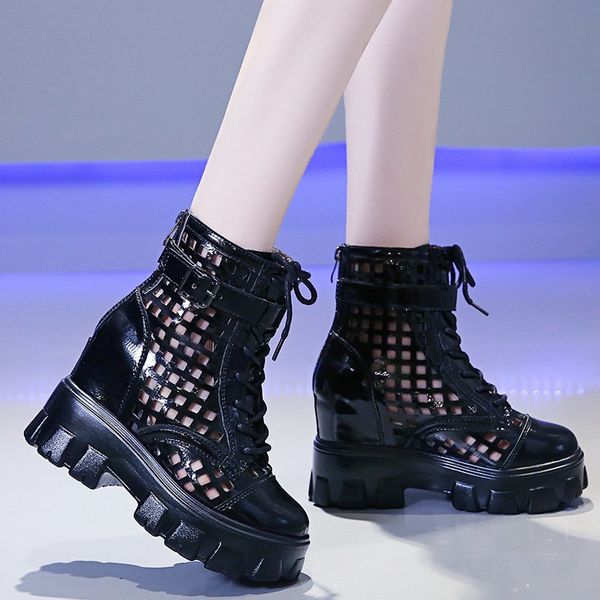 

lyxlyh punk leather buckle hollow out ankle boots for women fashion height increasing summer shoes woman chunky platform boots, Black
