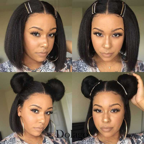 

lace wigs u part wig kinky straight bob human hair 150 density coarse yaki brazilian short no, Black;brown