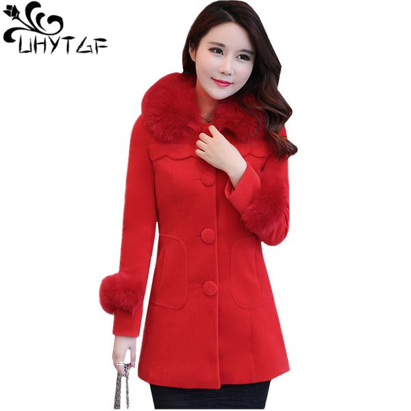 

uhytgf women winter coats fashion fur collar quality wool coat korean slim casual warm autumn jacket female casaco feminino 989, Black