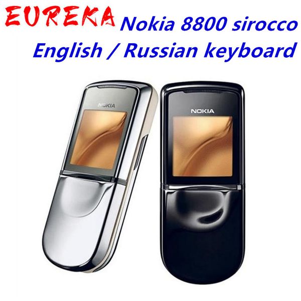 Original Nokia 8800 Sirocco 128MB Telefones Inglês / Russo Teclado GSM FM Bluetooth Telefone Ouro Prata Preto