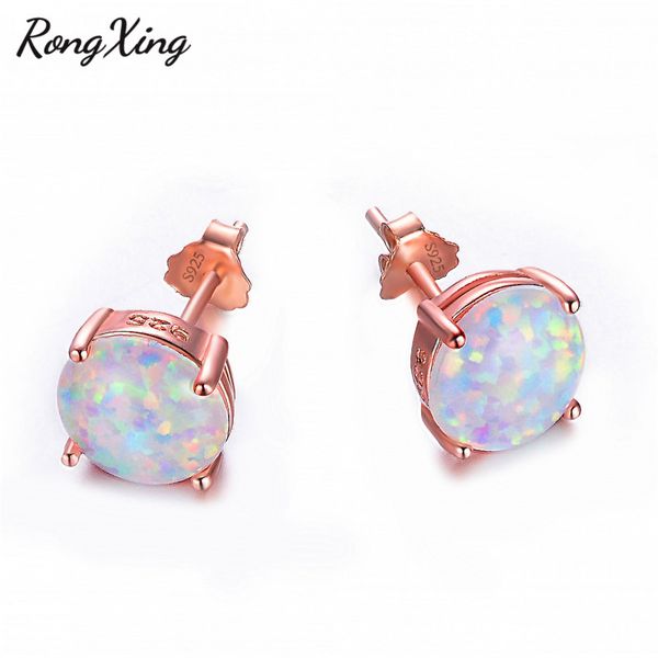

rongxing 6 / 8мм круглый белый огненный опал розовое золото серьги стержня для женщин мужчины белого золота заполненные birthstone серьги юв, Golden;silver