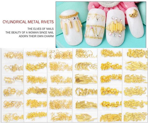 

1bag 6 shape nail rivet charm 3d nail art decoration straight/curve rods 26 art gold rivet alloy metal cylindri studs charm, Silver;gold