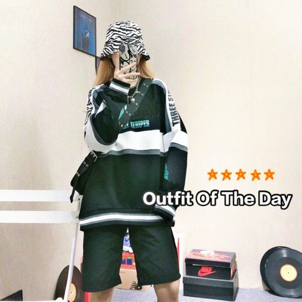 

20fw женщина толстовка с листьев pattern три stripes печати высокого качества осенью зима o-шея толстовка мода streetwear m-2xl, Black