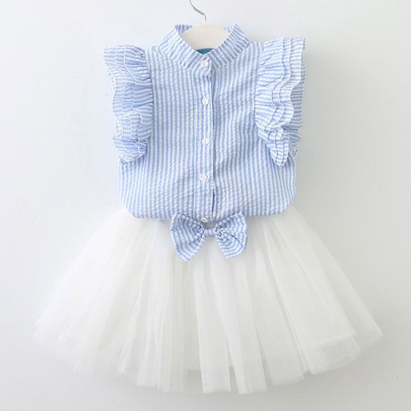 

clearance lovely baby girls 2pcs cute toddler kids baby girls outfits clothes stripe shirt +bowknot skirt set z0211, White