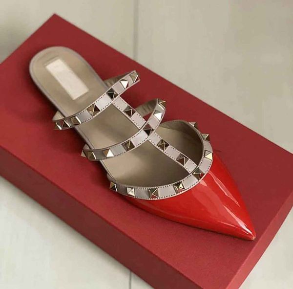 

summer women pointed toe sandals slippers rock studs flip flops beach sandals rivets designer lady slides solid with box,eu35-43, Black