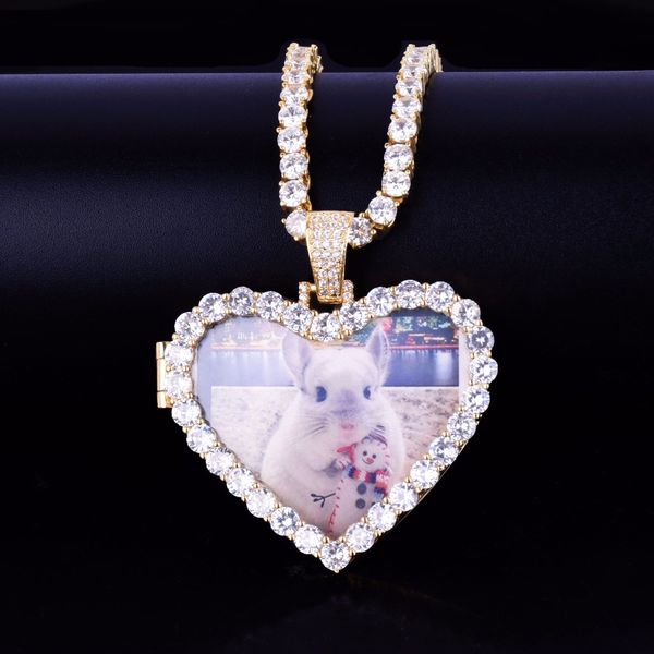 

custom made p heart medallions pendant necklace with 4mm tennis chain gold color zircon men hip hop jewelry 5x4.8cm, Silver