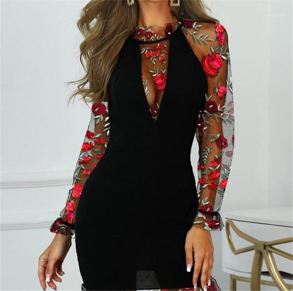

casual dresses guaze perspective deep v neck womens dresses casual females clothing rose embroidery womens, Black;gray