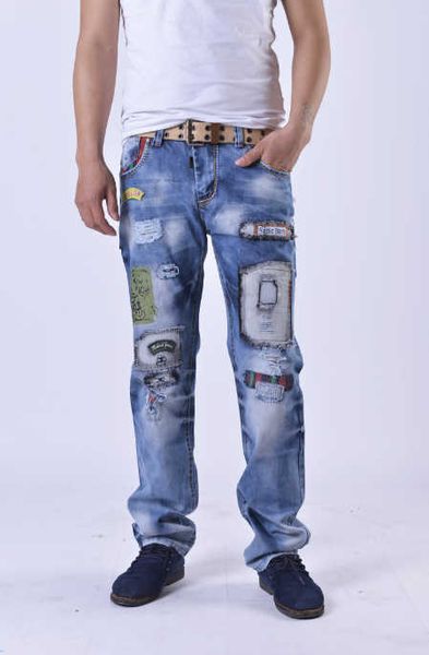 

2020 fall winter new men's ripped jeans european and american fashion men's denim trousers size 28-36, Blue