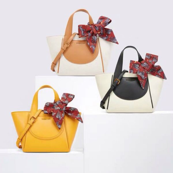

scarf bow portable bucket bag stitching contrasting color women's bag