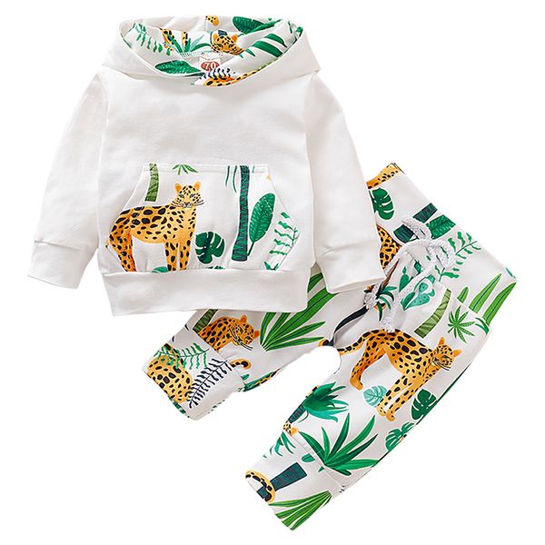 

baby boy clothes set newborn clothes cartoon jungle print outfit baby boy outfit hooded and pant roupa infantil 2pcs y200803, White