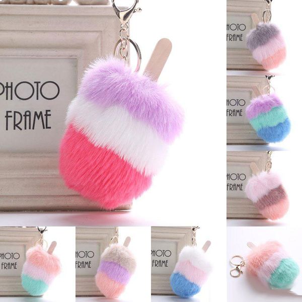 

multi-color fur pom pom ice cream keychain popsicle key rings pompon creative fur ball key holder 7 styles, Silver