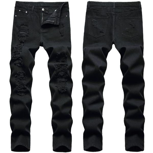 

european american jeans men punk style black hole straight casual solid color full length denim ripped trousers male, Blue