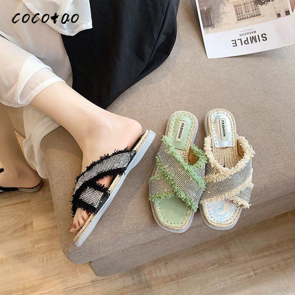 

fairy wind bright diamond wear slippers female summer 2020 new fashion thick bottom beach shoes cross sandals and slippers, Black