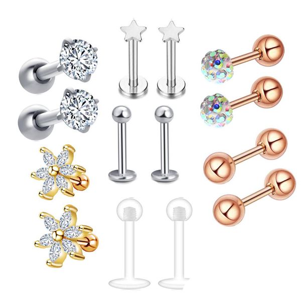 

stainless steel labret ring ear studs lips tragus cartilage piercing body jewelry for women girls 140pcs 10 sets, Slivery;golden