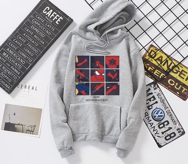 

autumn new spiderman print funny jigsaw mens hoodies fashion loose plus cashmere 2019 clothes hip hop brief streetwear, Black