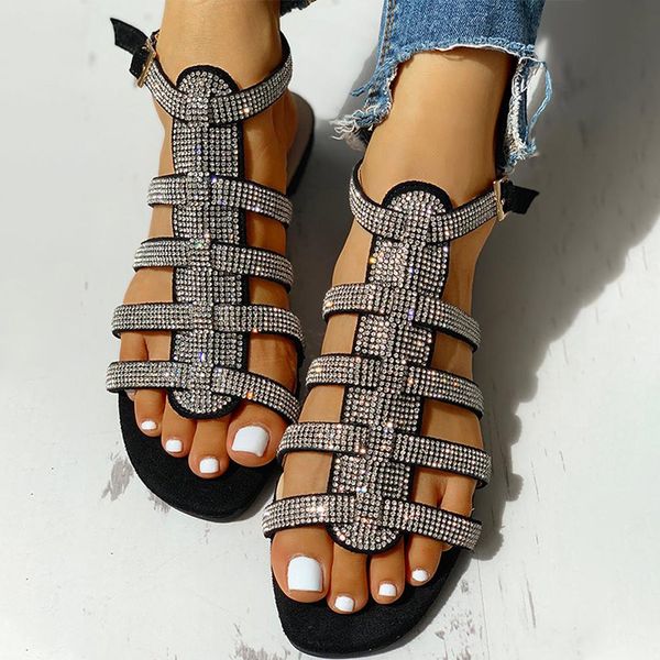 

sandals 2021 women's woman gladiator ankle straps shoes women outdoor rome crystal female beach ladies sell, Black