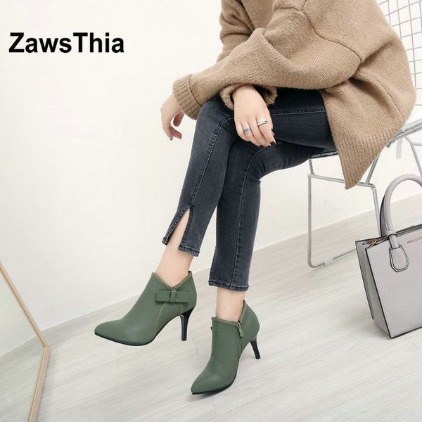 

zawsthia sweet lady high heels shoes spring fall winter pumps boots for woman olive green women ankle boots with bowtie bowknot, Black