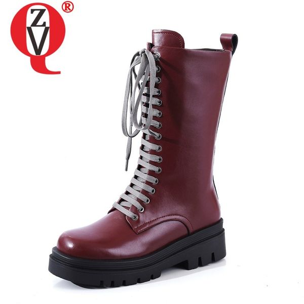 

zvq women mid calf boots good quality genuine leather woman shoes round toe cross tie autumn winter new come zipper boots ladies, Black