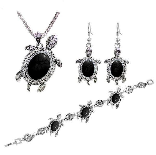 

jewelry jewelry earrings bracelet look vintage pendant plated turtle animal cute antique turquoise set necklace 3 silver sets colors sjlvs, Black