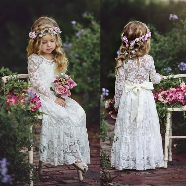 Boho Lace Flor Meninas Vestidos para a festa de aniversário da festa de casamento mangas compridas Big Bow menina Primeira Comunhão Vestidos Crianças Santo Vestidos