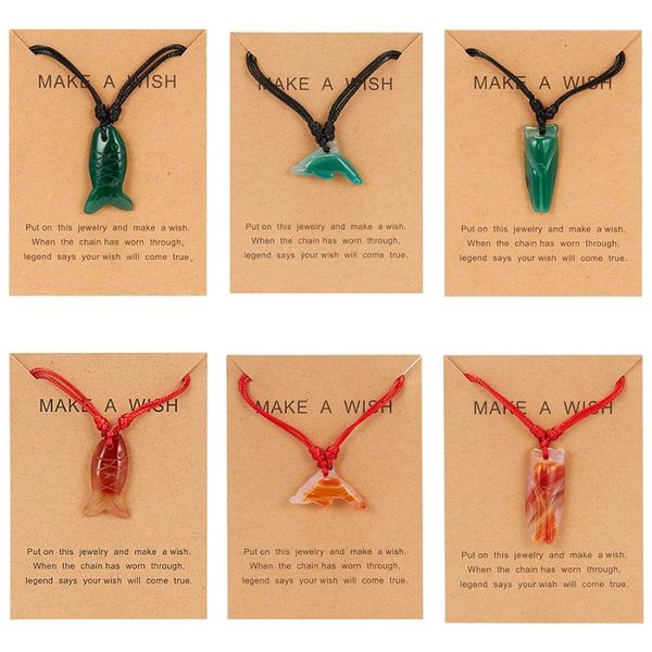 

wholesale natural stone animal pendant necklaces women jewelry vintage leather rope fish dolphin cicada natural stone necklaces, Silver