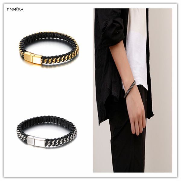 

2020 fashion twist leather men bangle gold color stainless steel wide tape buckle punk street cool men bangle, Black