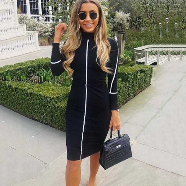 

bodycon dresses stand collar long sleeve mid calf dress womens summer casual clothing women designer, Black;gray