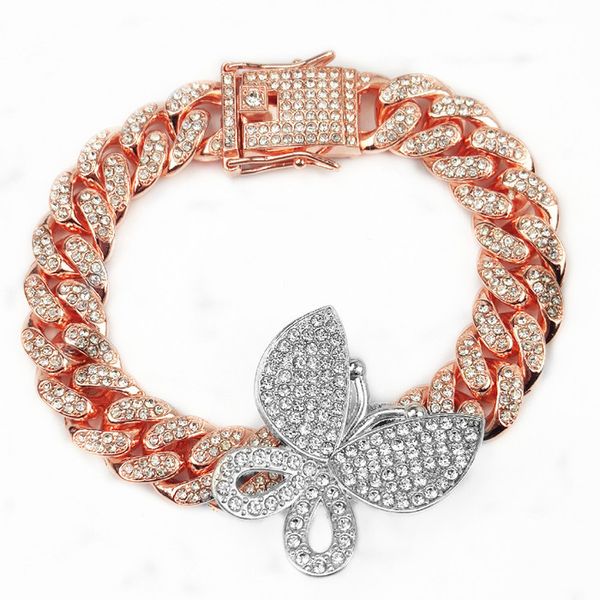 Iced out diamante feminino corpo corrente jóias zircão cubana link tornozeleira ouro prata rosa borboleta tornozeleiras pulseiras