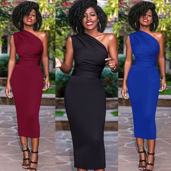 

women ladies summer fashion casual dress one-shoulder slash neck solid skinny high waist mid-calf dress 3 style, White;black